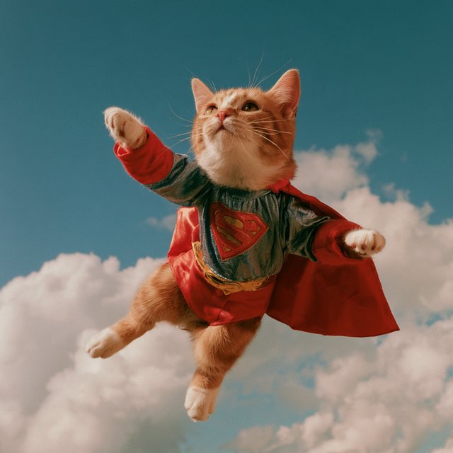 A cat flying in the sky wearing a super kitty costume. — Midjourney V8.2
