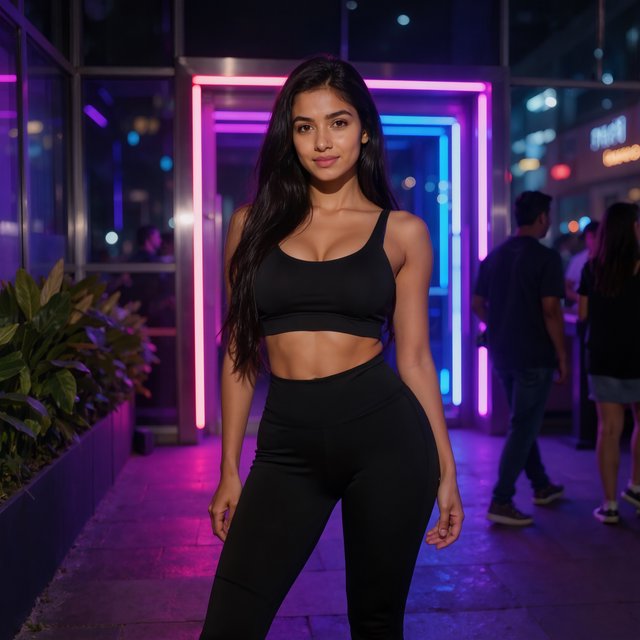 A very pretty Indian woman, 19–27 years old. She is slim with wide hips and is wearing a fitted crop top and leggings. Full-body image. Outside a nightclub. — Model 9