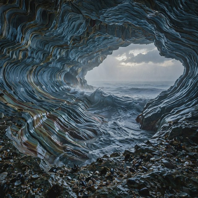 Inside a blue-grey sea cave, incoming swells curl over ribbed limestone beneath a clearing rain squall in late afternoon; wet mineral bands and shell fragments sharpen the entrance ledge, while the cavern mouth frames hazy open water. — Muse Image 1.0