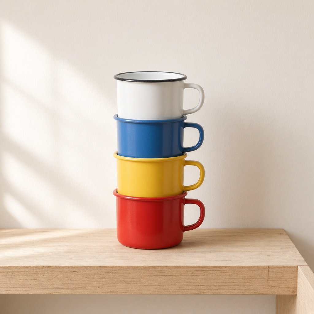 Exactly four enamel camping cups form a vertical tower on a pale wooden shelf, bottom to top: red, yellow, blue, white; all handles face right. Soft morning light, nothing else. — Grok Imagine Image 2
