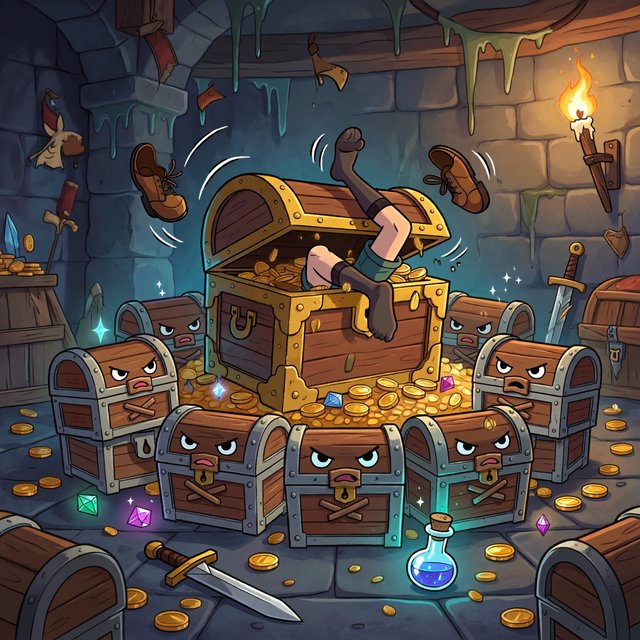 An adult swallowed by an inert mimic chest, with their legs in stockings sticking out of the chest and kicking around. A bunch of envious, cute mimic chests surround it, looking obviously jealous. — ImagineArt 2