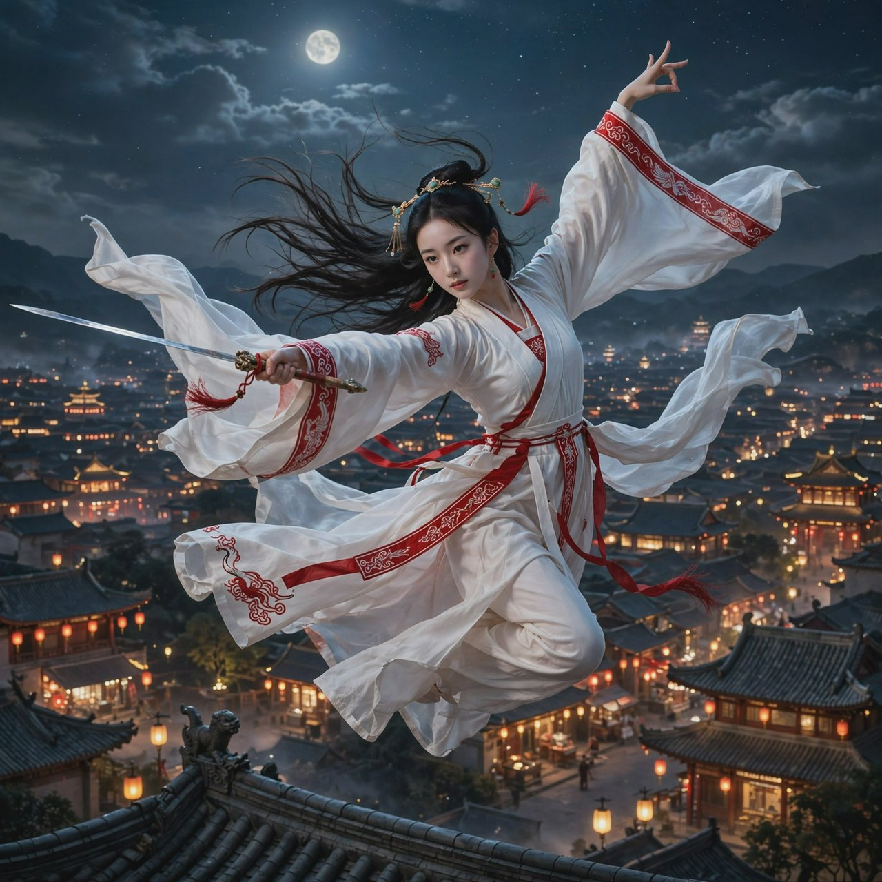 Elegant young adult Chinese female dancer performing a sword dance on a rooftop in ancient China at night, wearing flowing hanfu in primary white with secondary red accents. She leaps high in midair with her body arched backward, sword arm thrust forward, while her other arm rises gracefully above her with the hand forming delicate orchid fingers. Frontal three-quarter view, long black hair and sleeves flowing, expressive elegant pose, lantern-lit ancient city below, glowing rooftops and streets, romantic moonlit atmosphere. — Muse Image 1.0