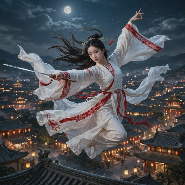 Elegant young adult Chinese female dancer performing a sword dance on a rooftop in ancient China at night, wearing flowing hanfu in primary white with secondary red accents. She leaps high in midair with her body arched backward, sword arm thrust forward, while her other arm rises gracefully above her with the hand forming delicate orchid fingers. Frontal three-quarter view, long black hair and sleeves flowing, expressive elegant pose, lantern-lit ancient city below, glowing rooftops and streets, romantic moonlit atmosphere. — Muse Image 1.0