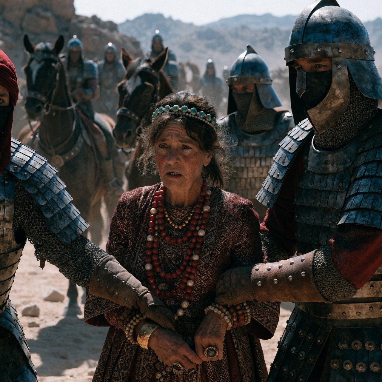 Film capture. Cinematic scene of the Byzantine empress being captured by Sassanid cataphracts. Harsh desert lighting. Shallow depth of field. The image takes place in the aftermath of a battle. All of the subjects are dusty and disheveled. — Recraft v4 Pro