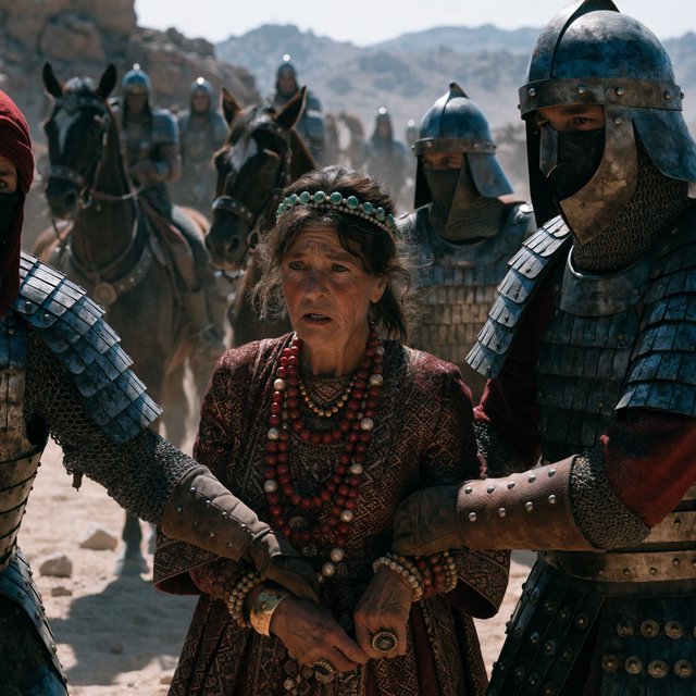 Film capture. Cinematic scene of the Byzantine empress being captured by Sassanid cataphracts. Harsh desert lighting. Shallow depth of field. The image takes place in the aftermath of a battle. All of the subjects are dusty and disheveled. — Recraft v4 Pro