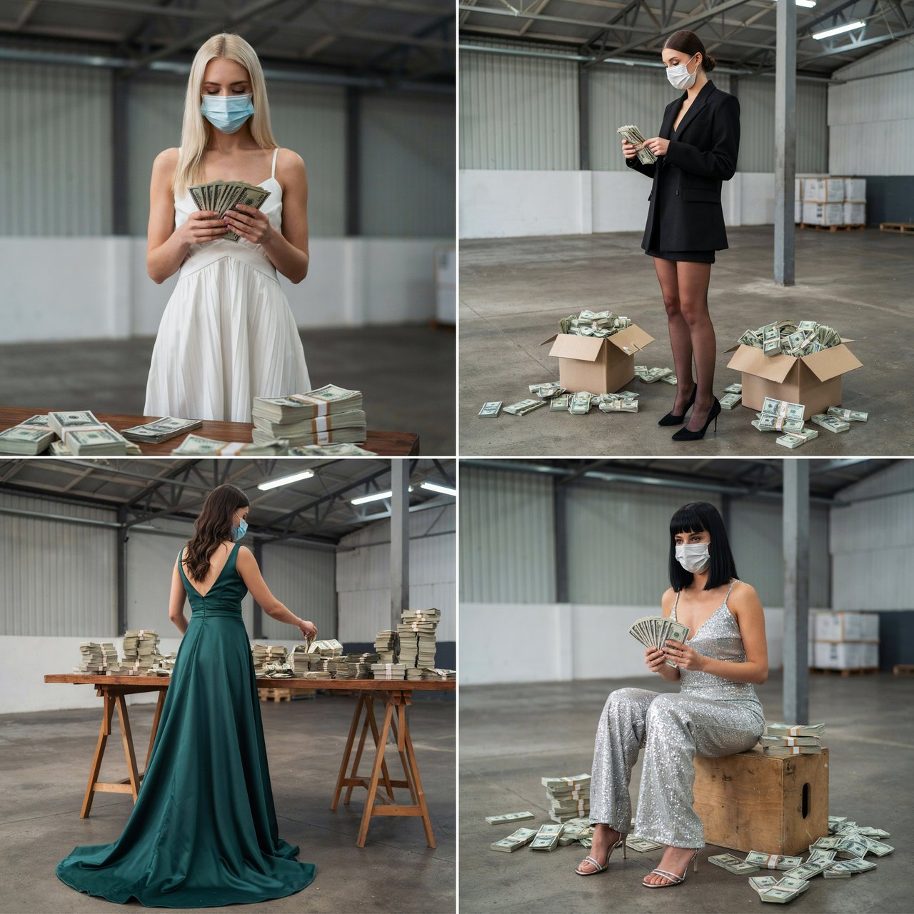 Adult women wearing masks (the kind you wear when you have a cold), in a warehouse, all wearing the kinds of outfits you would see models wear on a runway, counting lots of money (money is seen everywhere, on tables, on the floor, etc.). At least 4 different POVs. — Ideogram v4.5