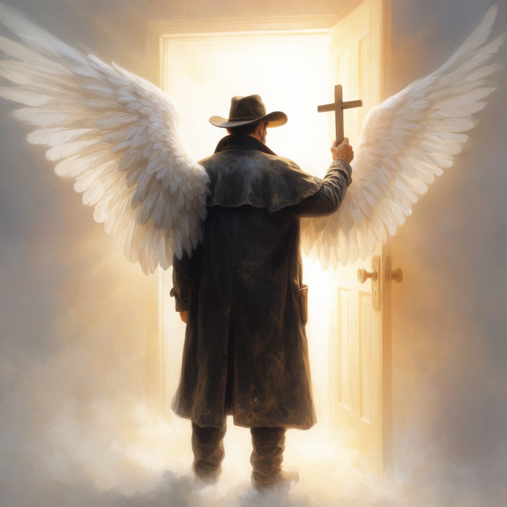 Create a painted image of a frontier lawman in heaven, facing away from the camera with angel wings. He is standing on a ground made of clouds, with a door in front of him. Holding a cross, he uses it to knock on the door. — Krea 2 Large
