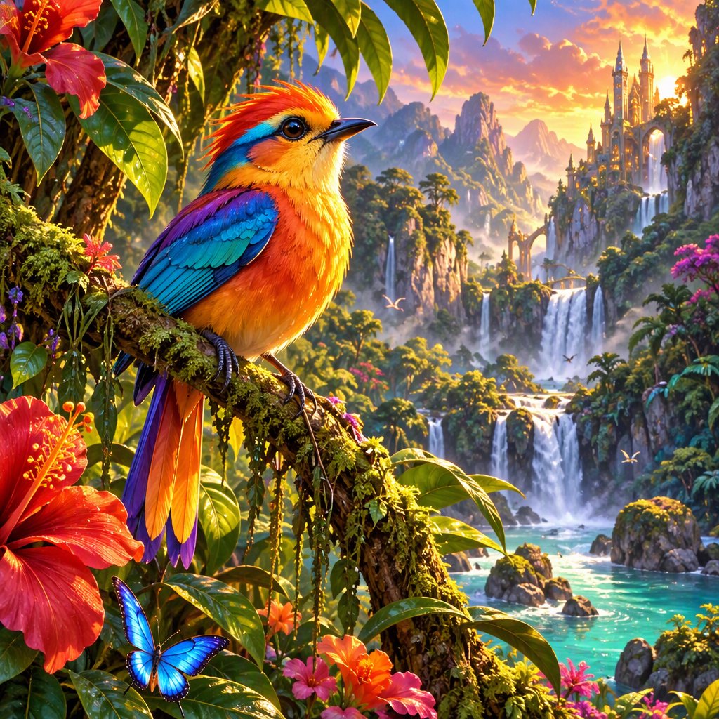 Create a vibrant digital artwork with clean lines depicting a small, colorful bird in the jungle. Combine rich, warm tones—such as soft orange, bold red, and dynamic yellow—with cool colors like brilliant blue, emerald green, and radiant violet. The atmosphere should feel fairytale-like, enhanced by striking lighting that underscores the scene's magic. Use bright, bold colors harmoniously to create a balanced composition. The overall style should be imaginative and captivating, transporting the viewer to another world. — GPT Image 2.5 Sunburst