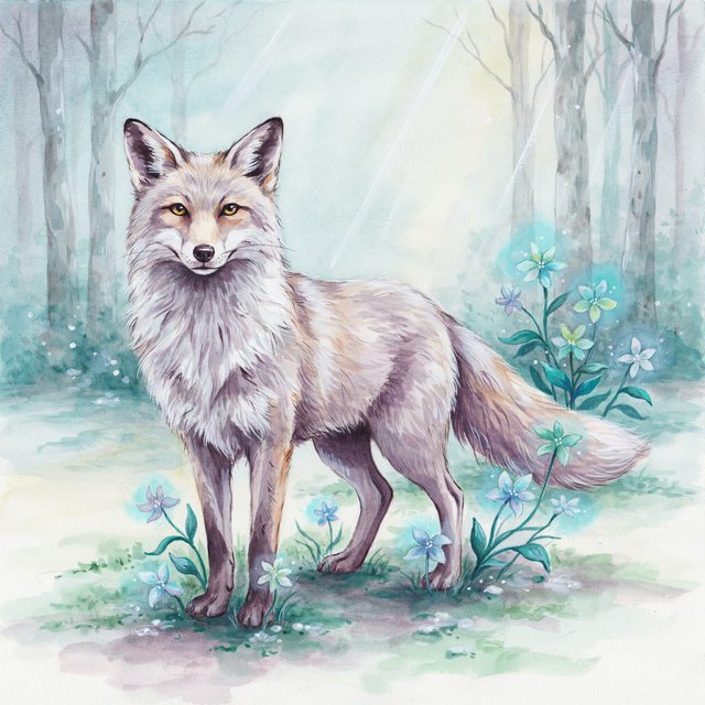 A majestic fox with fur like spun moonlight, standing in a clearing bathed in ethereal light. Bioluminescent flowers bloom around its paws, casting a soft, otherworldly glow. The scene is rendered in a detailed watercolor illustration style, with delicate brushstrokes and a muted, mystical color palette. Cinematic lighting emphasizes the magical ambiance. — Model 8