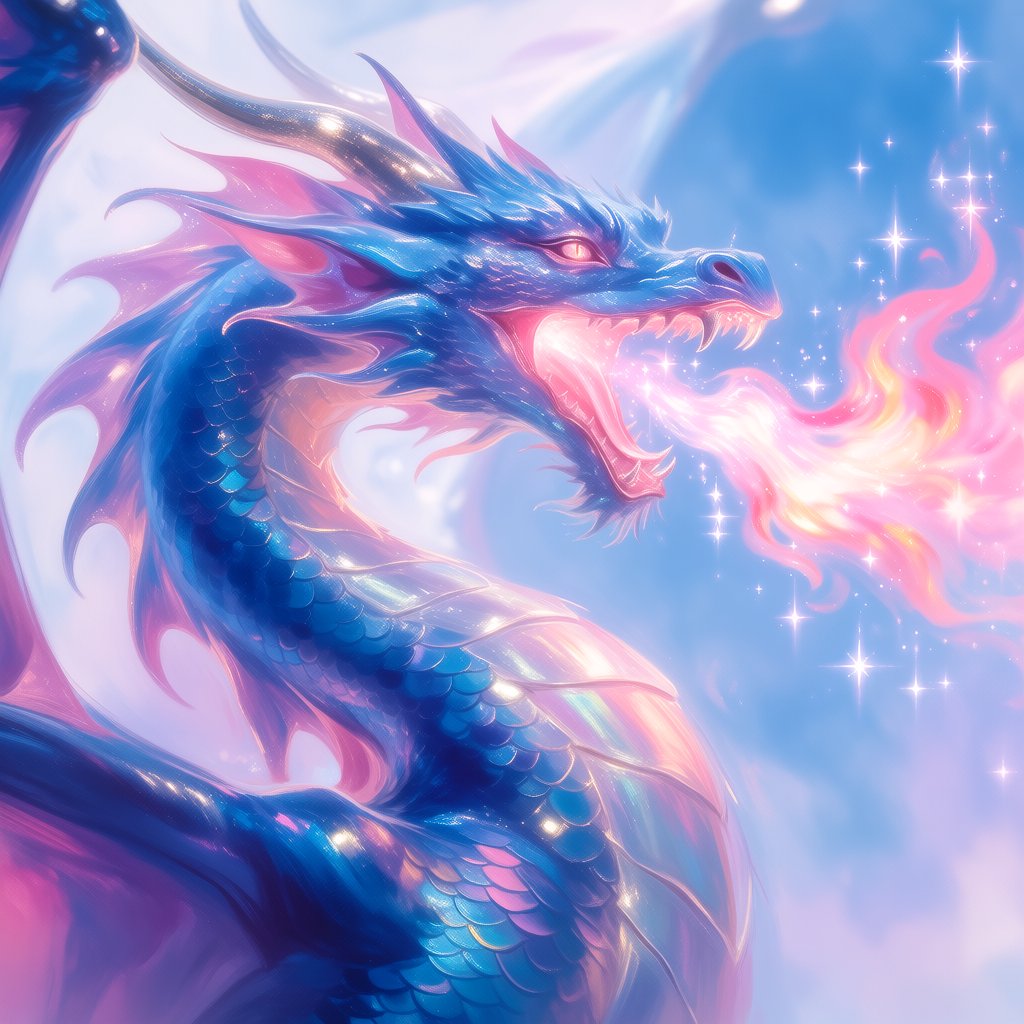 A beautiful, ethereal dragon flying through the skies breathing star flames. Detailed scales. — Krea 2 Medium