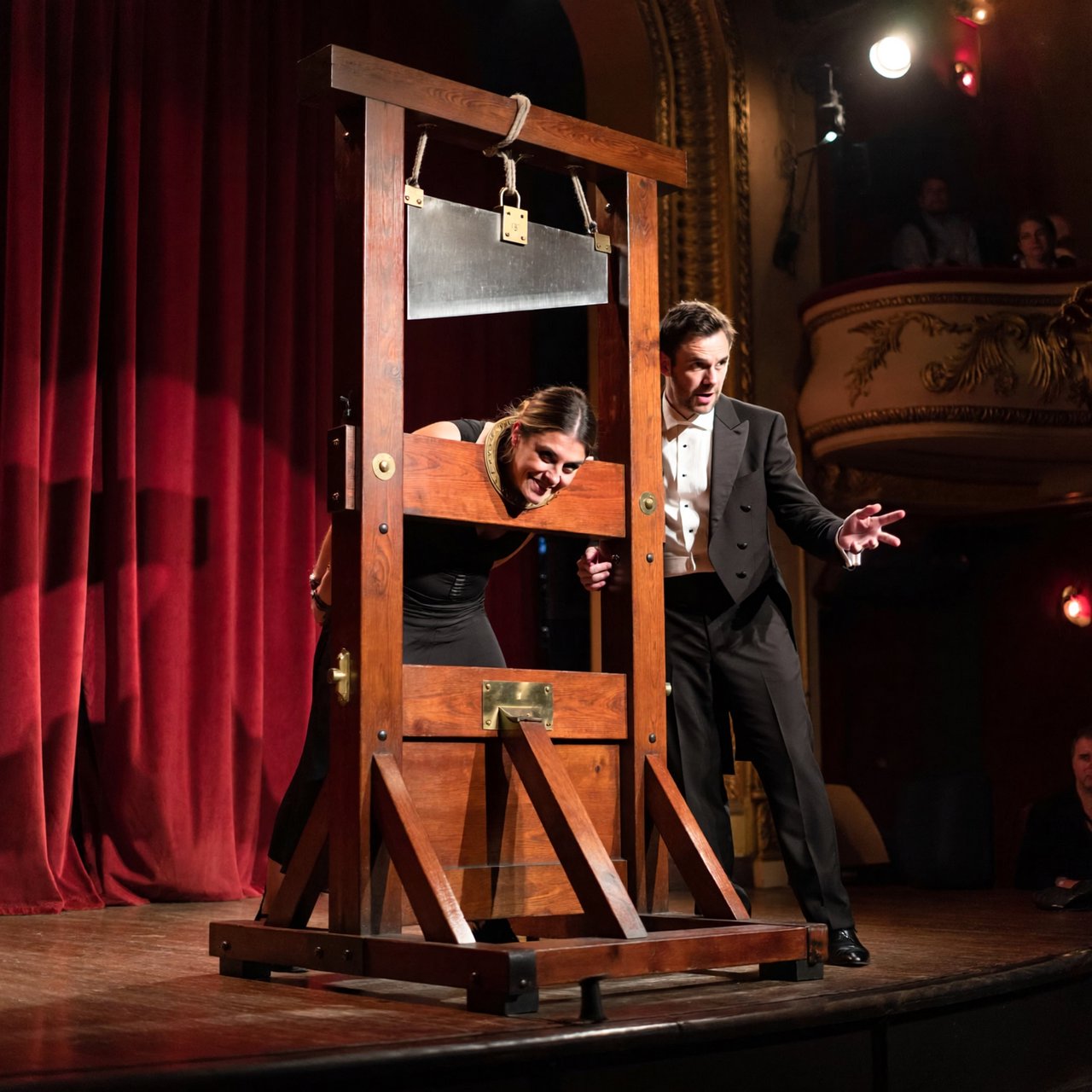 Well dressed stage magician performs the guillotine illusion using a beautiful glamorous adult female assistant. The smiling confident assistant has her head through the hole in the guillotine device. — ImagineArt 2
