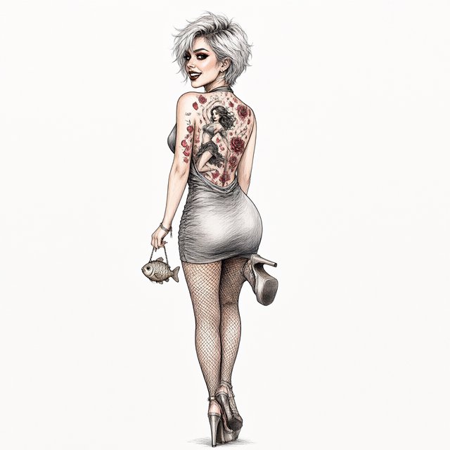A realistic India ink illustration with crisp black lines depicting a realistic scene, anatomy, and proportions. The ink lines are colored with watercolors, while the black lines remain visible. Full-length composition. A 25-year-old woman named Mandy has a round face and short, trendy hair dyed grayish white. She wears a short, tight halter-top dress with a backless design, fishnet stockings, and high platform heels. She carries a tiny fish-shaped purse over one shoulder. She has smoky eyes and dark brown lipstick. Her entire back is covered with a huge tattoo of a dancing adult woman surrounded by a swirl of roses and rose petals. She poses for a picture in rear view, standing on one foot with the other foot raised and knee bent. She looks at us over one shoulder, making eye contact with the camera and smiling. — Qwen Image 3.0