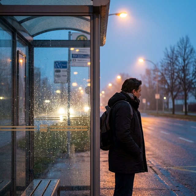 Candid documentary photograph of an adult waiting beside a city bus shelter at dawn, sodium streetlights fading into cool blue daylight, 50mm lens with shallow depth of field, fine rain droplets clinging to the shelter glass. — Nano Banana 2.1