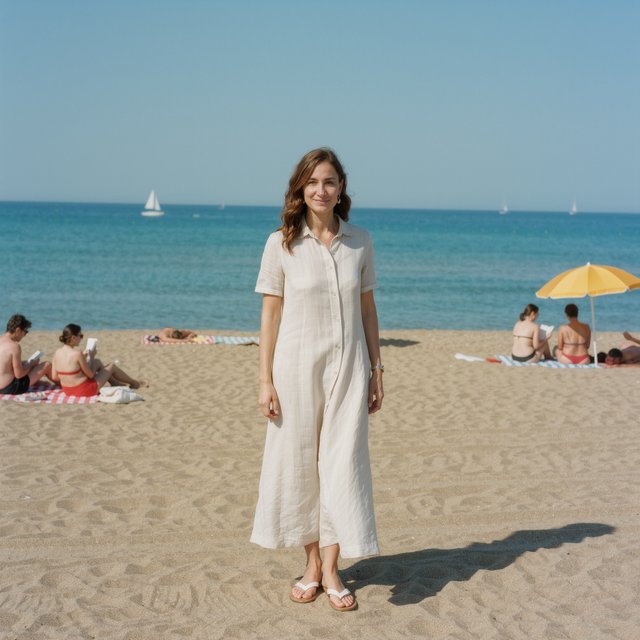 Authentic amateur photo of a beautiful adult woman standing at an Italian beach during vacation time. She wears appropriate clothing. It is noon. — Kling v3 Omni