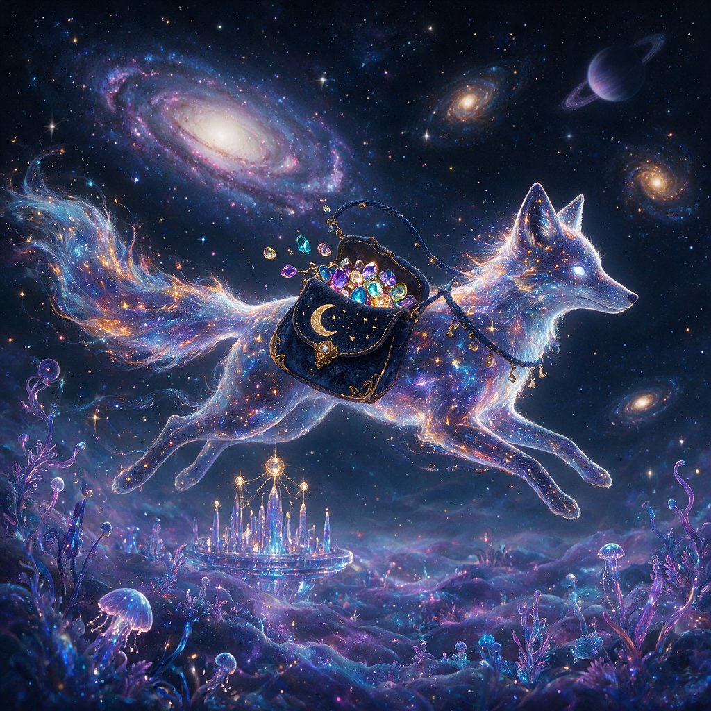 A celestial fox made of stardust and nebulae, carrying a satchel overflowing with glowing cosmic jewels, journeys through an ethereal dreamscape. Swirling galaxies and bioluminescent flora fill the background. The scene is rendered in a surreal, photorealistic style, emphasizing intricate details and a sense of infinite wonder. — Seedream 5.0 Pro