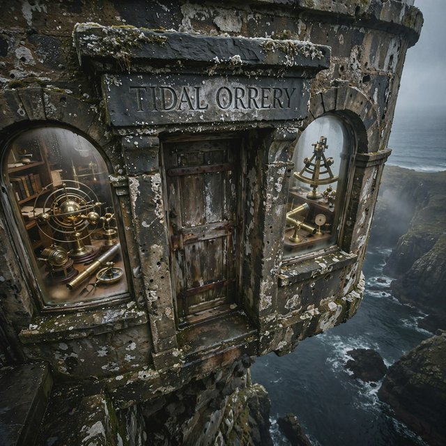 A weathered coastal observatory overlooks dark water, its brass instruments visible through arched windows; "TIDAL ORRERY" is carved into a slate lintel above the entrance, salt spray softening the deep engraved grooves. — Muse Image 1.0