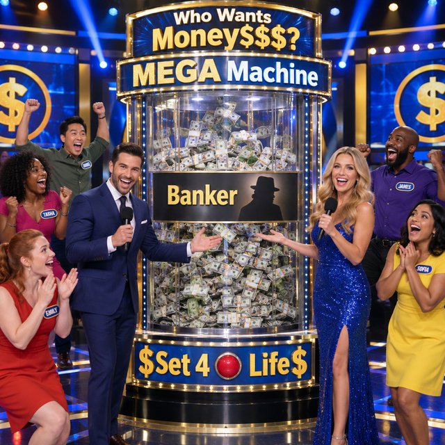 People on the set of a super mega game show called "Who Wants Money$$$?". There are at least six adults (three men and three women), all of different races, looking really excited. There is a big machine with a lot of cash inside. At the top of the machine it says "Who Wants Money$$$? MEGA Machine". In the middle of the machine it says "Banker", with the shadow of a man near the name. At the bottom of the machine it says "$Set 4 Life$", with a red button in the middle of the words. Near the machine are game hosts on both sides of it: a handsome man and a pretty woman. — GPT Image 2.5 Flare