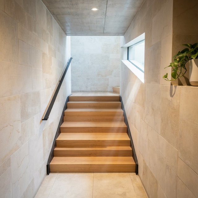 Beneath a pale limestone stairwell, a restrained mid-century modern interior frames a straight oak stair with blackened-steel stringers and limestone landings; afternoon clerestory light, viewed from the upper landing, reveals credible connections and aligned geometry. — Ideogram v4