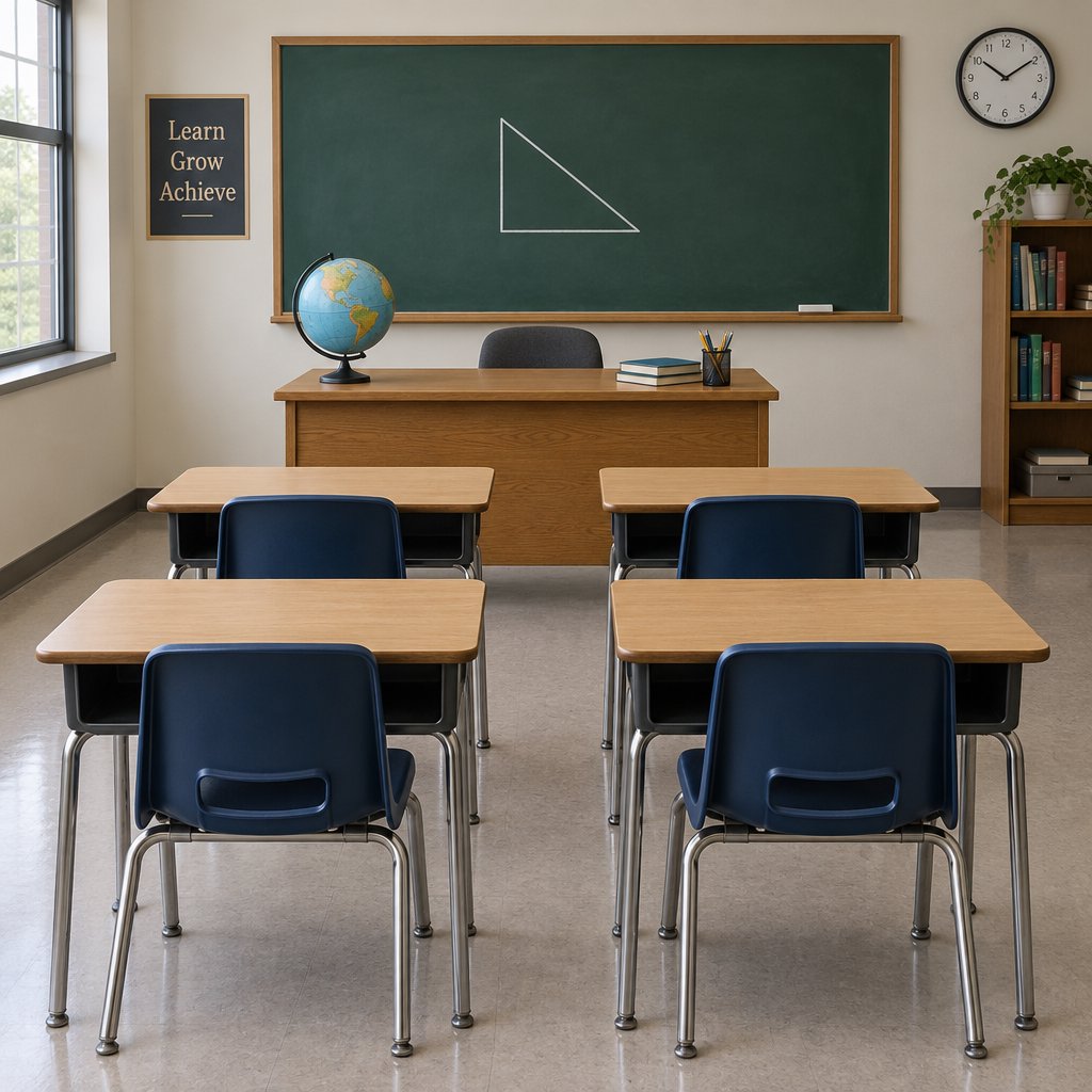 A classroom with exactly four desks in two rows, a globe on the teacher's desk, a chalkboard with a single drawn triangle, empty of people. — GPT Image 2.5 Flare