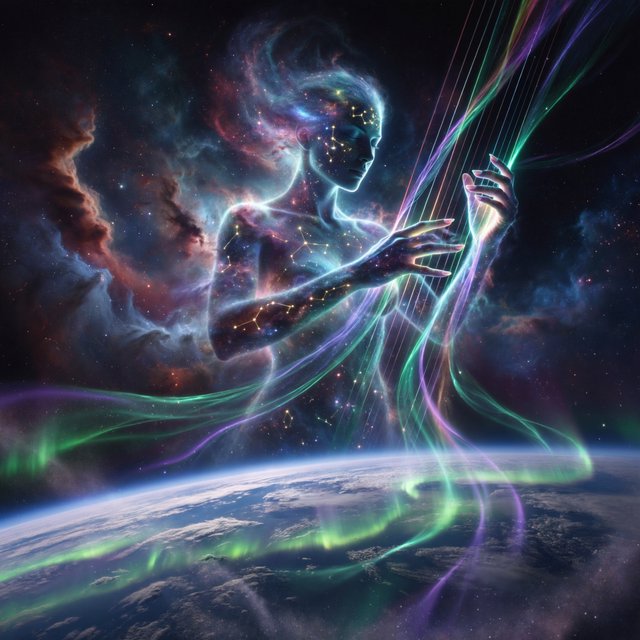 A cinematic wide-angle shot of an ethereal, gigantic adult female entity composed of stardust and nebulae. She hovers in the deep black of space, directly above the curvature of the Earth. Her fingers move like a harpist's, weaving luminous, emerald-green and violet aurora threads directly into the Earth's atmosphere. The polar lights appear like liquid silk, wrapping themselves around the planet. Realistic play of light, mystical atmosphere, bioluminescent colors, deep indigo and neon green. — ImagineArt 2