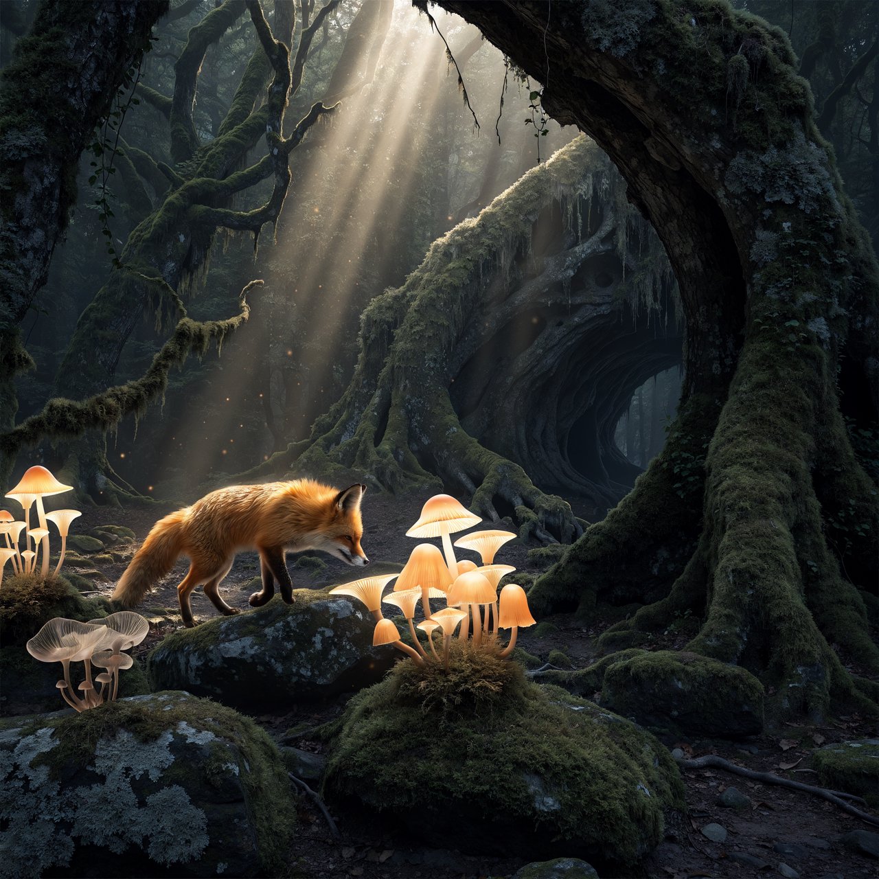 A cunning fox with fur like molten gold cautiously steps through a dense, ancient forest. Shafts of light pierce the canopy, illuminating dust motes dancing in the air. Strange, glowing mushrooms cast an otherworldly light on the moss-covered ground. The style is a blend of dark fantasy illustration and hyperrealism, with a focus on dramatic, cinematic lighting. — Recraft v4 Pro