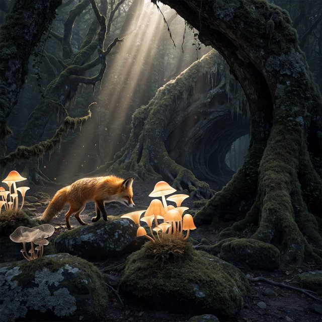 A cunning fox with fur like molten gold cautiously steps through a dense, ancient forest. Shafts of light pierce the canopy, illuminating dust motes dancing in the air. Strange, glowing mushrooms cast an otherworldly light on the moss-covered ground. The style is a blend of dark fantasy illustration and hyperrealism, with a focus on dramatic, cinematic lighting. — Recraft v4 Pro