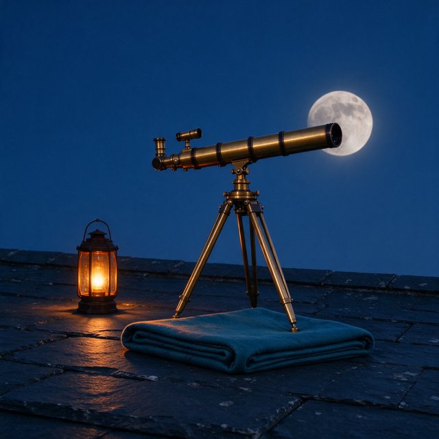 On a slate rooftop, exactly one brass telescope points east; one amber lantern sits to its left, one folded teal blanket lies beneath the tripod, and one pale moon hangs behind it in the clear sky, nothing else. — Model 19