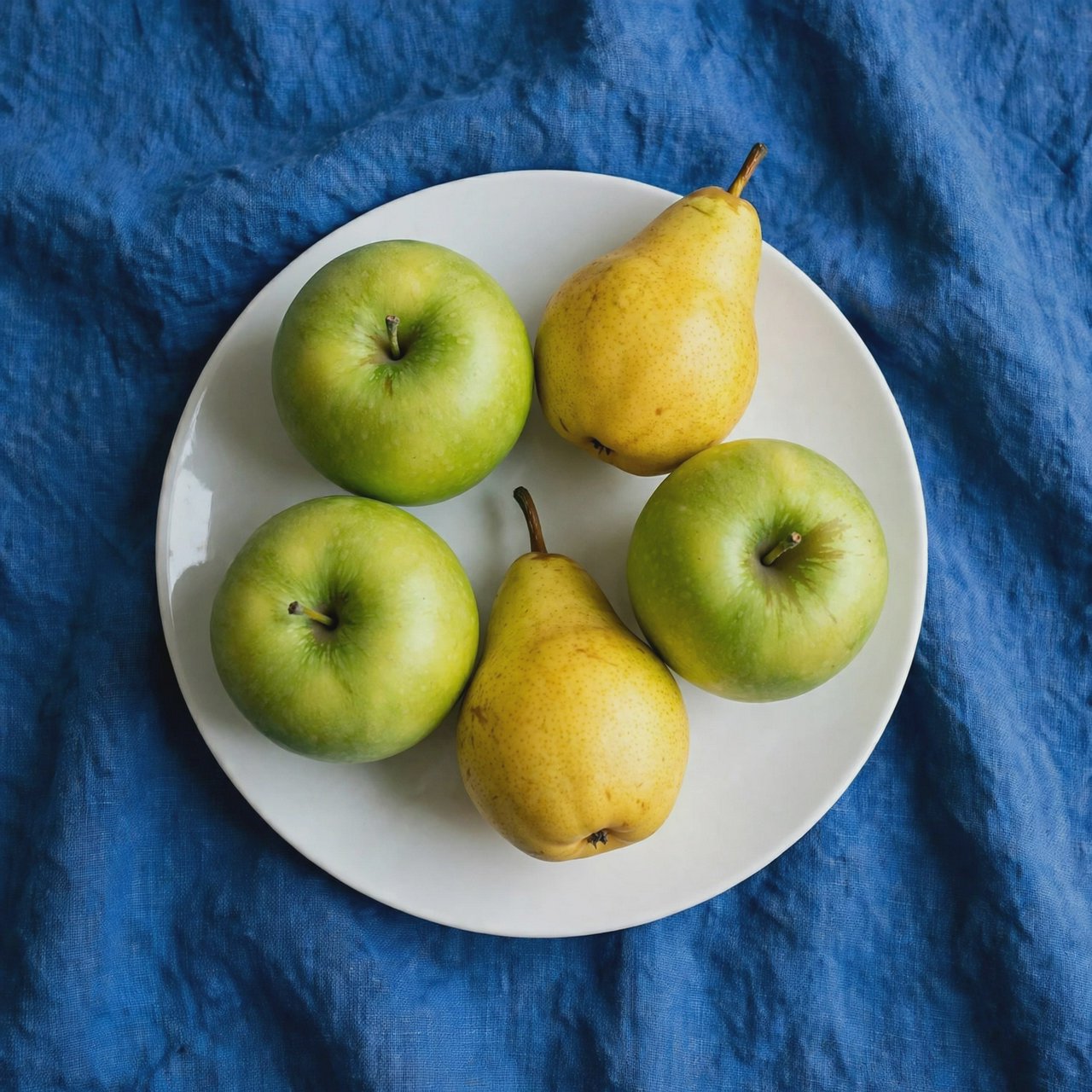 Exactly three green apples and two yellow pears on a white plate, the plate on a blue tablecloth, nothing else on the table. — Muse Image 1.0