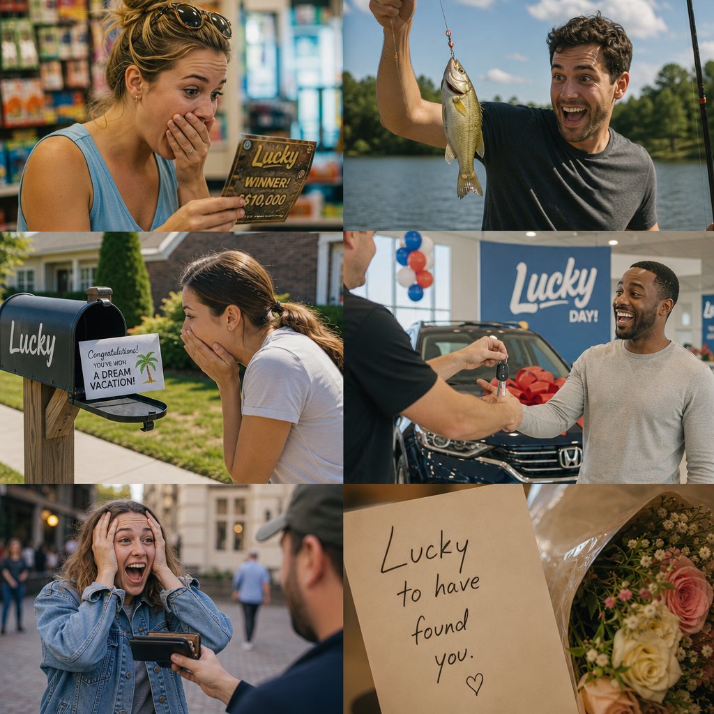 4–6 realistic scenes of people having the luckiest day of their lives. The word “Lucky” should appear at least twice in the image, and seem totally in place and seamless. The whole vibe is pretty much lucky moments that were unexpected but very welcome. — GPT Image 2