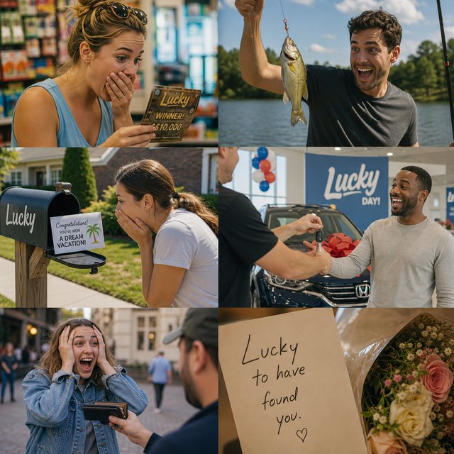 4–6 realistic scenes of people having the luckiest day of their lives. The word “Lucky” should appear at least twice in the image, and seem totally in place and seamless. The whole vibe is pretty much lucky moments that were unexpected but very welcome. — GPT Image 2