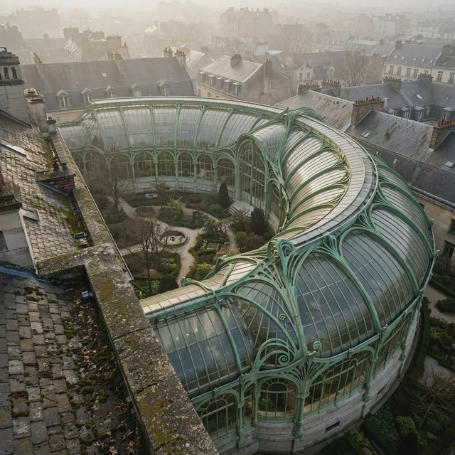 From a nearby rooftop, an Art Nouveau conservatory curves around a planted courtyard, its green copper ribs, clear glass, and pale stone base catching hazy morning light; orderly rooflines and believable supports show from above. — Muse Image 1.0