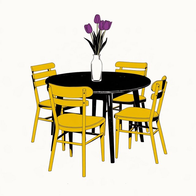 Exactly four yellow wooden chairs surround a round black table: two chairs at the front, one on the left, and one on the right. A white vase with three purple tulips sits at the table center, nothing else. — Midjourney Niji 7