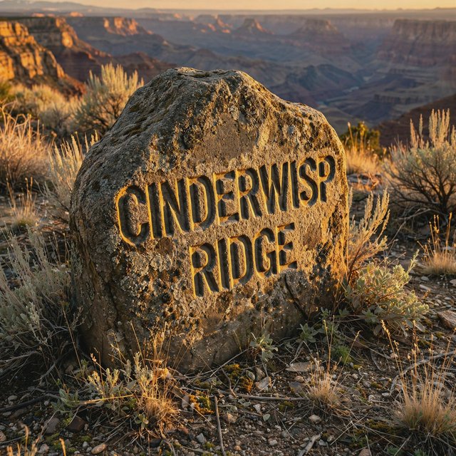 At a high desert canyon overlook, a weathered granite trail marker rises among sage and pale grasses; "CINDERWISP RIDGE" is deeply carved across its broad face, the cut letters catching slanting amber light. — Muse Image 1.0