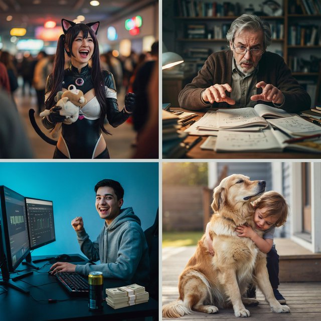 Realistic. Four scenes in one. 1) A pretty Japanese woman, about 19–23 years old, in cat-type cosplay at an anime convention. 2) An old German man or woman, about 60–65 years old, finally having a breakthrough that would change the world. 3) A happy, mixed-race, 21-year-old female or male hacker checking their bank account, which has many zeros, with a bundle of cash near their PC. 4) A happy moment that would make you smile. — Ideogram v4