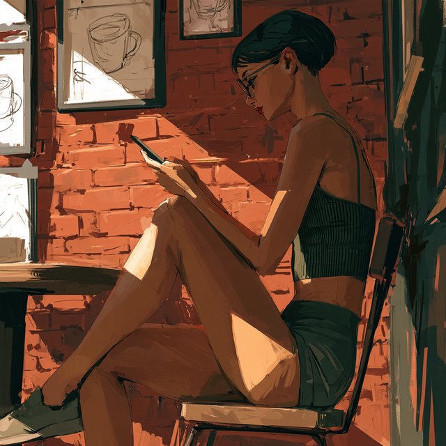 SUBJECT: Side view of a young woman seated at a cafe table, beautiful legs crossed, reading her phone. CHARACTER: 25-year-old woman with an extremely short black pixie cut, all hair under one inch. Stylish glasses, tight dark green ribbed tank top, bare midriff, shorts, comfortable shoes. SETTING: Trendy urban cafe, red brick walls decorated with framed sketches of coffee mugs. STYLE: Stylized semi-realistic digital painting, animation-inspired characters and environments. Expressive faces, large eyes, strong brows, simplified anatomy, convincing 3D volume and depth. Painterly shape-based rendering, minimal outlines, soft blended shading, broad angular brushstrokes. Luminous colors, warm undertones, restrained highlights. Hair and textures rendered in sculpted masses with selective fine detail. Muted charcoal and earthy palette, soft directional light, cohesive shadows, atmospheric depth. Detailed eyes and lips, simplified backgrounds, loose edges, unfinished brushwork. — Model 13