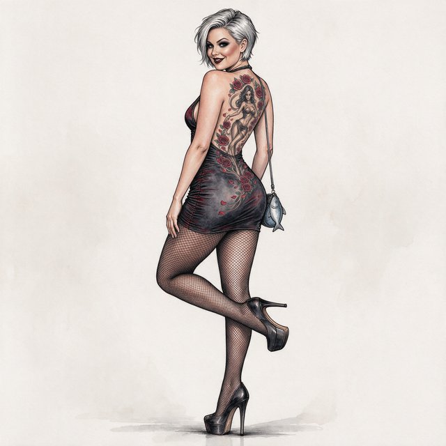 A realistic India ink illustration with crisp black lines depicting a realistic scene, anatomy, and proportions. The ink lines are colored with watercolors, while the black lines remain visible. Full-length composition. A 25-year-old woman named Mandy has a round face and short, trendy hair dyed grayish white. She wears a short, tight halter-top dress with a backless design, fishnet stockings, and high platform heels. She carries a tiny fish-shaped purse over one shoulder. She has smoky eyes and dark brown lipstick. Her entire back is covered with a huge tattoo of a dancing adult woman surrounded by a swirl of roses and rose petals. She poses for a picture in rear view, standing on one foot with the other foot raised and knee bent. She looks at us over one shoulder, making eye contact with the camera and smiling. — Seedream 5.0 Flash