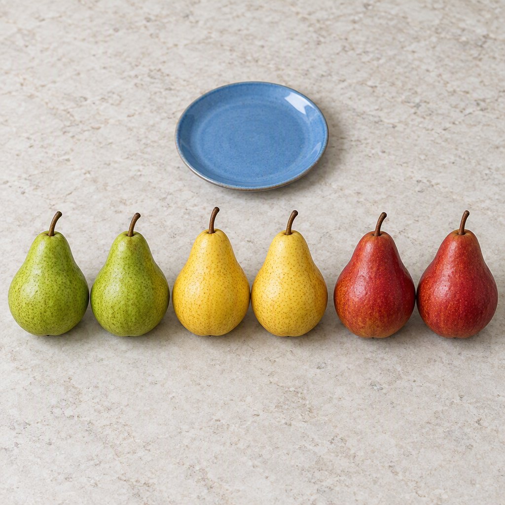 Exactly six ripe pears sit on a pale stone counter: two green pears on the left, two yellow pears in the center, and two red pears on the right. A small blue plate sits above the center pair, nothing else. — GPT Image 2.5 Flare