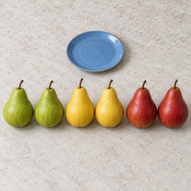 Exactly six ripe pears sit on a pale stone counter: two green pears on the left, two yellow pears in the center, and two red pears on the right. A small blue plate sits above the center pair, nothing else. — GPT Image 2.5 Flare