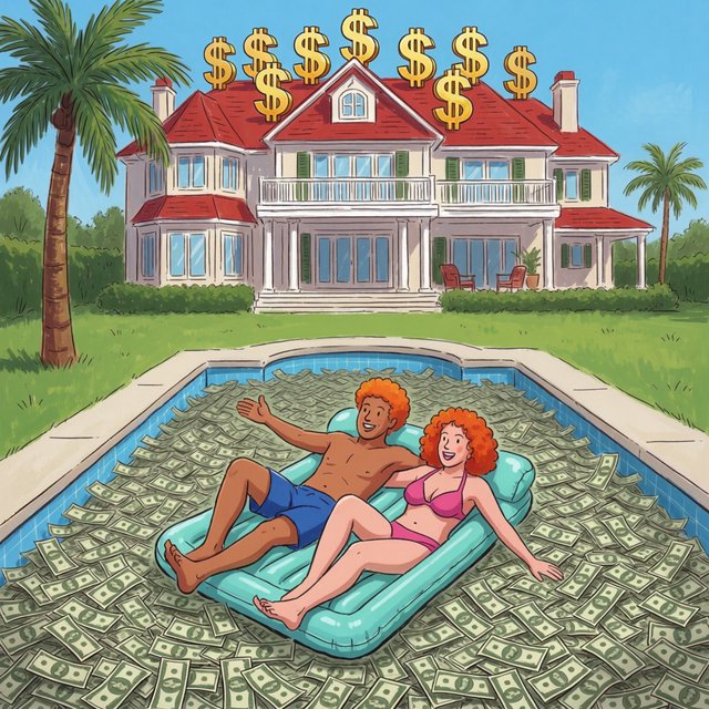 A wealthy adult couple swimming in a huge pool full of money, near a huge mansion with dollar signs on it, with a fun, happy vibe. — Krea 2 Medium