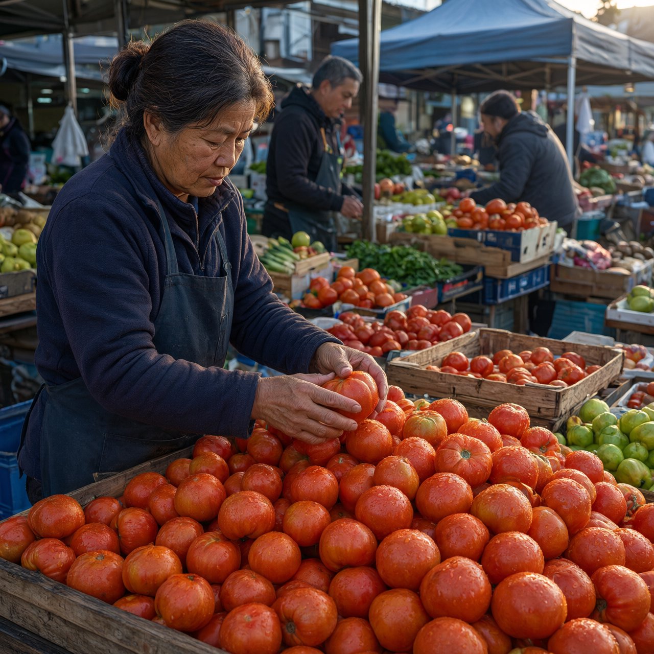 Candid documentary photograph of an adult market vendor arranging ripe tomatoes at an outdoor produce stall, cool early-morning side light, 50mm lens with shallow depth of field, condensation droplets beading on the tomato skins. — Qwen Image 3.0 Pro