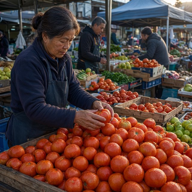 Candid documentary photograph of an adult market vendor arranging ripe tomatoes at an outdoor produce stall, cool early-morning side light, 50mm lens with shallow depth of field, condensation droplets beading on the tomato skins. — Qwen Image 3.0 Pro