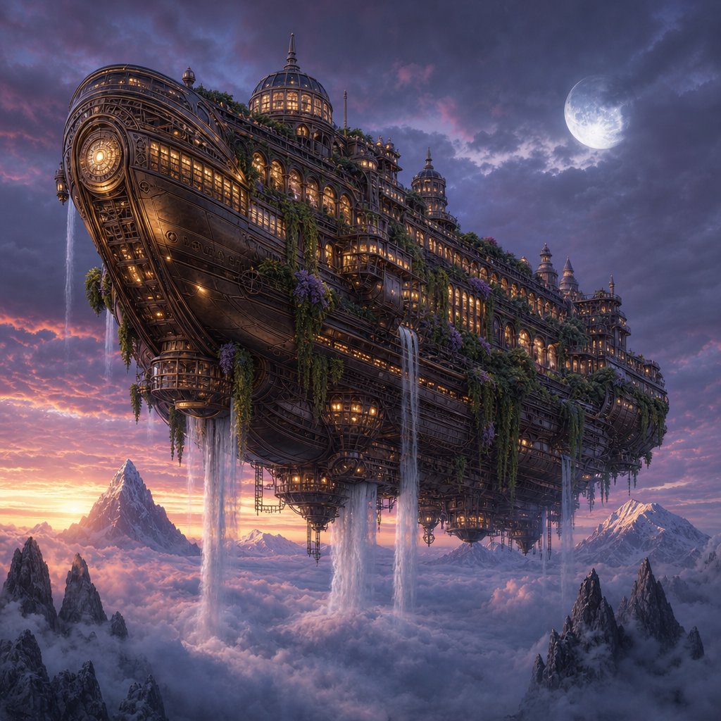 A colossal floating archive-ship drifts above storm clouds, its bronze hull wrapped in hanging gardens and luminous windows, while waterfalls spill into the sky. Distant mountain peaks pierce the cloud sea beneath a violet sunset and cold silver moonlight. — GPT Image 2
