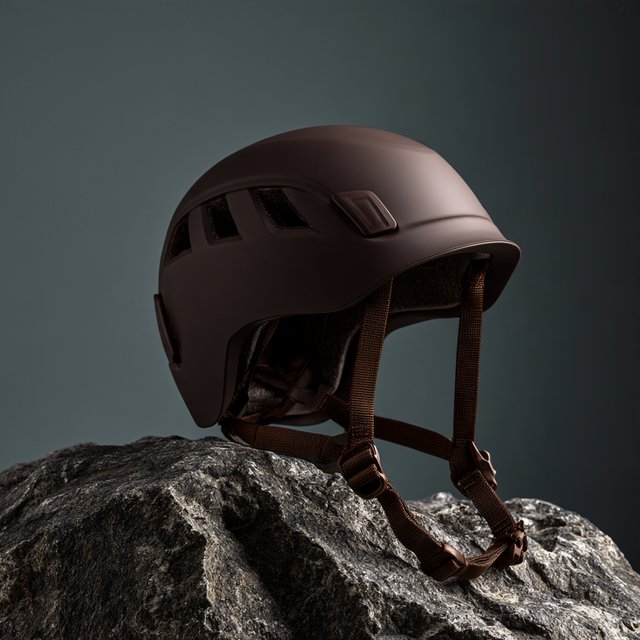 Against a muted slate backdrop, an unbranded climbing helmet with a matte recycled-polymer shell and woven nylon straps rests on rough granite; broad diffused key light and a cool rim light shape this commercial product image, with no lettering. — Midjourney V8.2