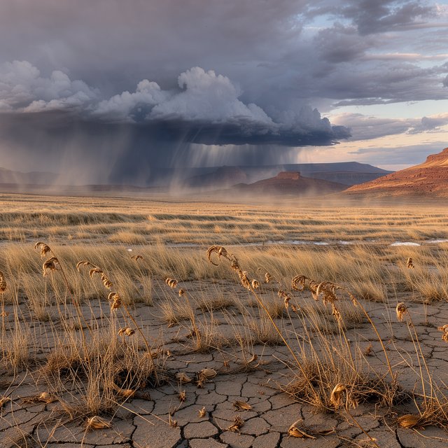 Across a tawny prairie basin, a rotating thunderstorm gathers in the late afternoon beneath bruised clouds, rain veiling distant buttes; seed heads and cracked earth in the foreground contrast with ridges softened by the advancing downpour. — FLUX 3 Image Klein