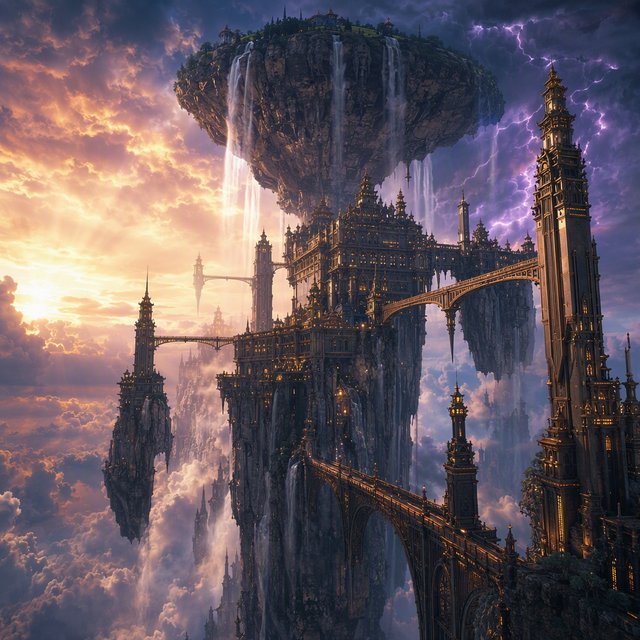 A colossal cliffside monastery hangs beneath a floating island, its waterfalls falling into luminous cloud seas. Bronze bridges connect needle towers, while dawn rays pierce violet storms and tiny windows glow above an endless abyss. — GPT Image 2