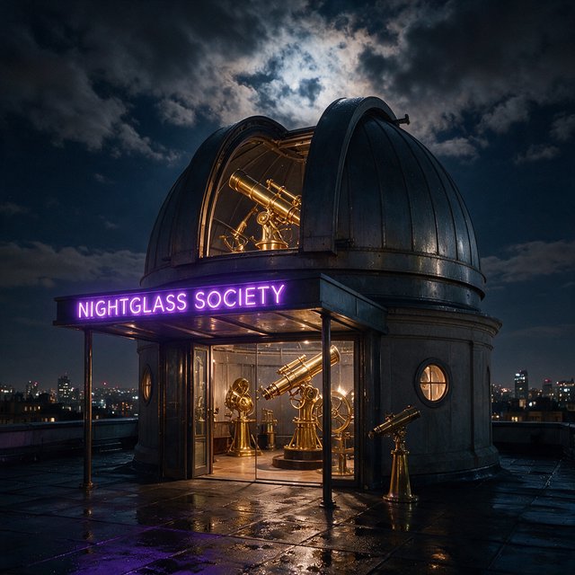 On a rain-darkened rooftop observatory, brass instruments gleam beneath a sliding dome while clouds part above the city; "NIGHTGLASS SOCIETY" glows in violet neon along the entrance canopy. — Seedream 5.0 Pro