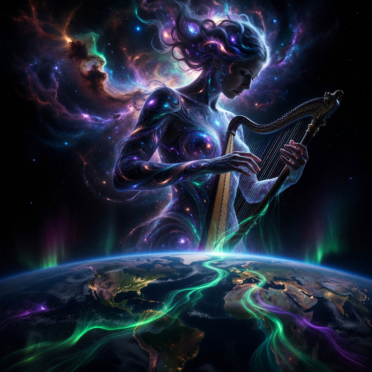 A cinematic wide-angle shot of an ethereal, gigantic adult female entity composed of stardust and nebulae. She hovers in the deep black of space, directly above the curvature of the Earth. Her fingers move like a harpist's, weaving luminous, emerald-green and violet aurora threads directly into the Earth's atmosphere. The polar lights appear like liquid silk, wrapping themselves around the planet. Realistic play of light, mystical atmosphere, bioluminescent colors, deep indigo and neon green. — ImagineArt 1.5 Pro
