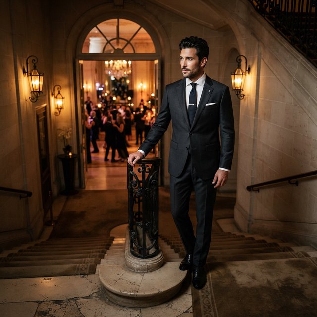 A tall adult man in a charcoal evening suit pauses halfway down a sweeping hotel staircase, caught glancing toward the ballroom as amber sconces cast sculpted light across stone; crisp tailoring and composed fashion-magazine polish. — Model 16