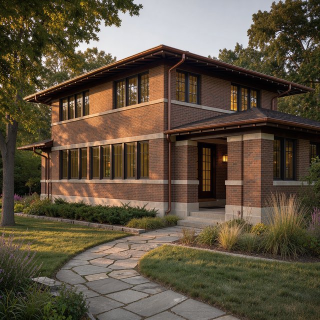 Exterior of a Prairie School residence with broad overhanging eaves, warm brick, limestone courses, and ribbon windows; amber evening light grazes the facade, viewed obliquely from a garden path, with disciplined horizontal lines and credible structure. — FLUX 3 Image