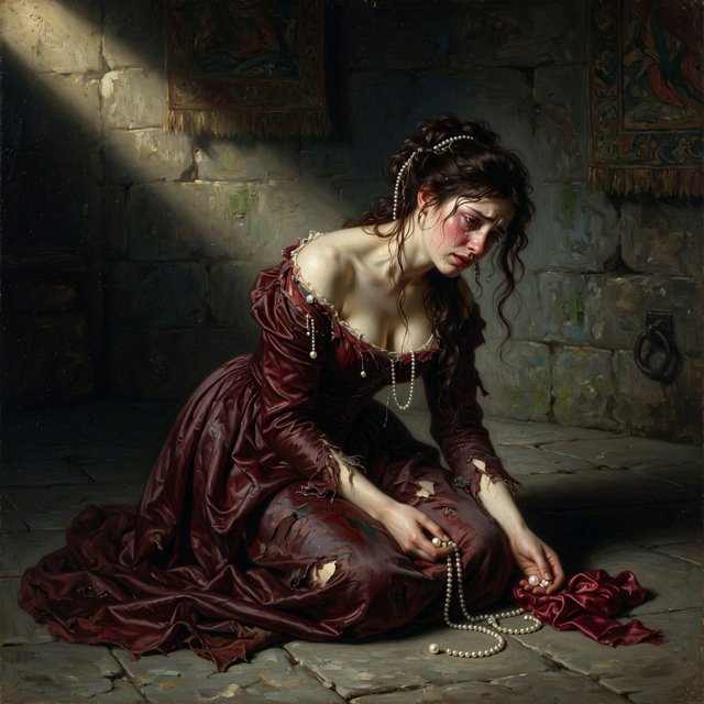 A dramatic cinematic portrait of a fallen noblewoman kneeling in a dimly lit stone chamber, wearing a disheveled dark crimson silk gown, the fabric torn and loose, revealing hints of pale skin, strong chiaroscuro lighting highlighting her silhouette and sorrowful expression, tears, messy hair adorned with broken pearls, atmosphere of despair and silence, oil painting style realism — Grok Imagine Image Quality